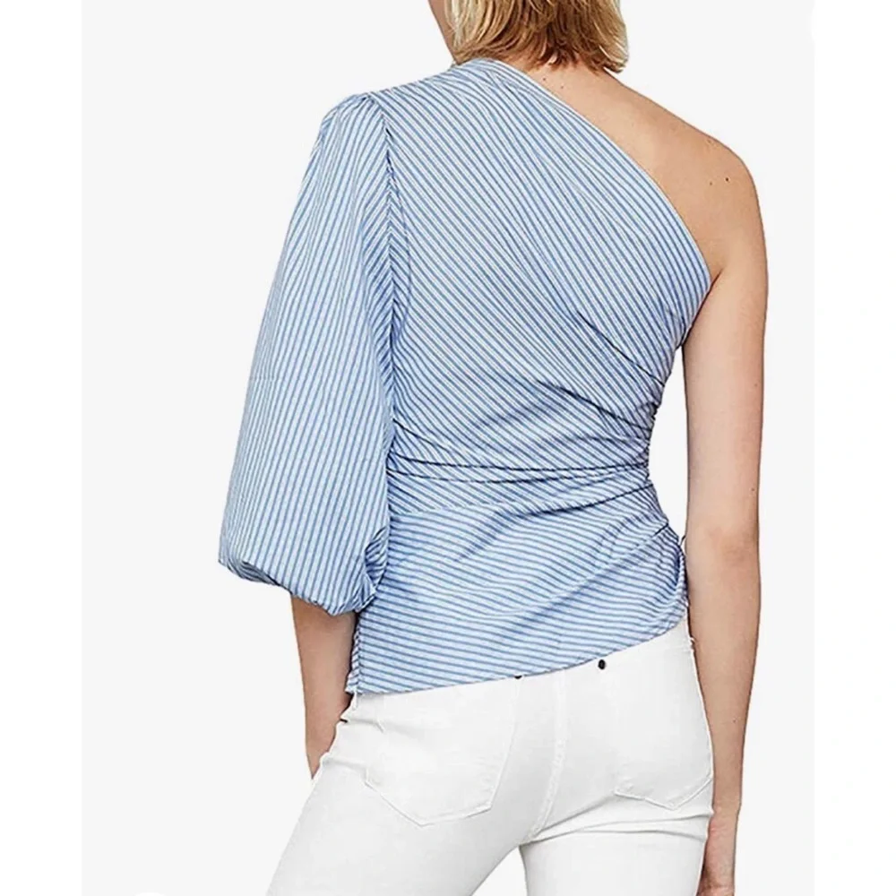 BCBGMaxAzria Blue Striped Ruched Poplin Top Size Small - Picture 4 of 15
